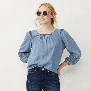 LC Lauren Conrad Blue Blouse Flowy 3/4 Puff Sleeve Crewneck